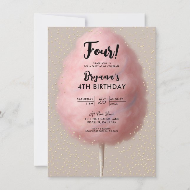 Invitation Fête d'anniversaire confettis or coton de sucre ro (Devant)