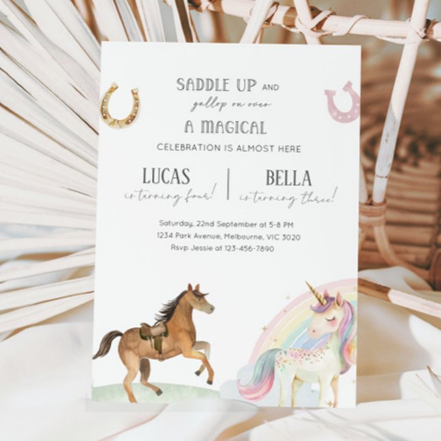 Invitation Fête d'anniversaire conjointe Cheval & Licorne (Créateur téléchargé)