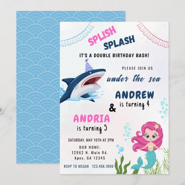 Invitation Fête d'anniversaire conjointe de frère et sœur Sir (Devant / Derrière)