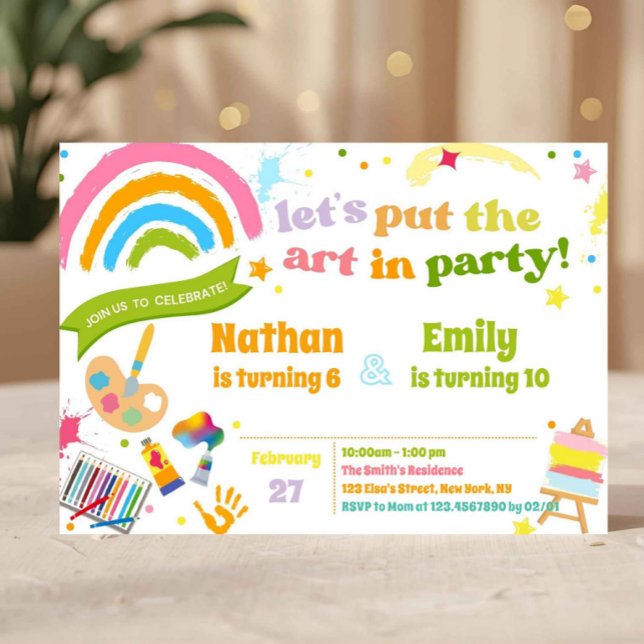 Invitation Fête d'anniversaire conjointe de frères et sœurs d (art party invitation, paint party invite, rainbow birthday invite, kids art birthday, joint birthday)