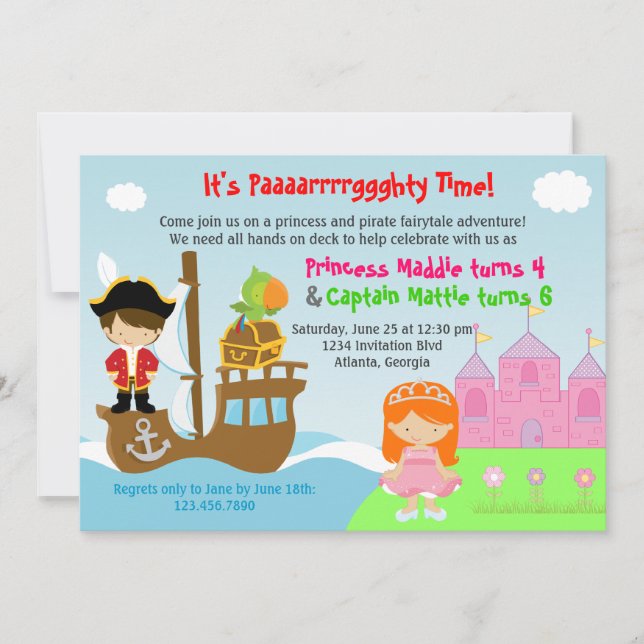 Invitation Fête d'anniversaire conjointe Princess and Pirate  (Devant)