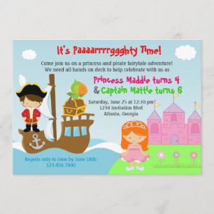 Invitation Fête d'anniversaire conjointe Princess and Pirate