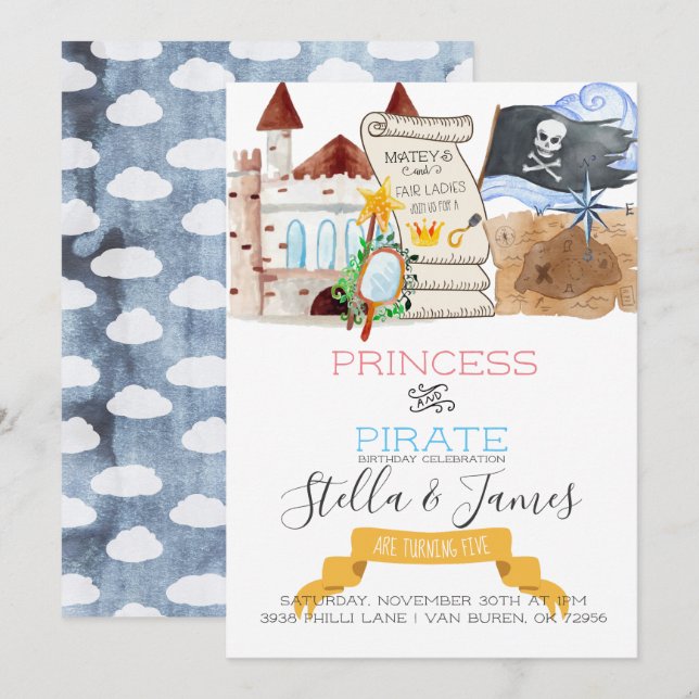 Invitation Fête d'anniversaire conjointe Princesse & Pirate (Devant / Derrière)