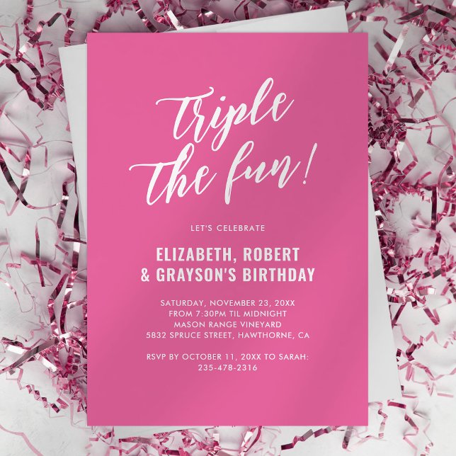 Invitation Fête d'anniversaire conjointe rose mignonne Triple (Créateur téléchargé)