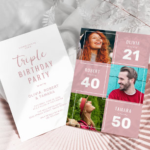 Invitation Fête d'anniversaire conjointe rose moderne pour 3