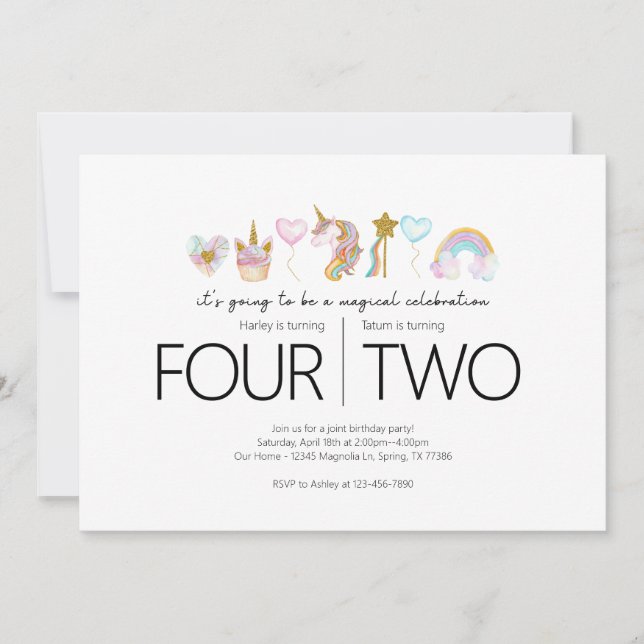 Invitation Fête d'anniversaire conjointe - thème Unicorn (Devant)