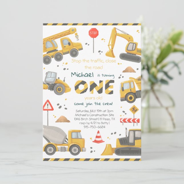 Invitation Fête d'anniversaire Construction Aquarelle  (Debout devant)