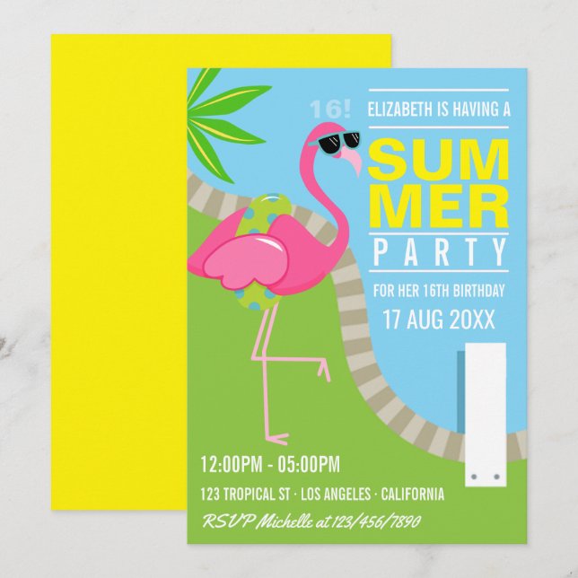 Invitation Fête d'anniversaire Cool Pink Flamingo au bord de  (Devant / Derrière)