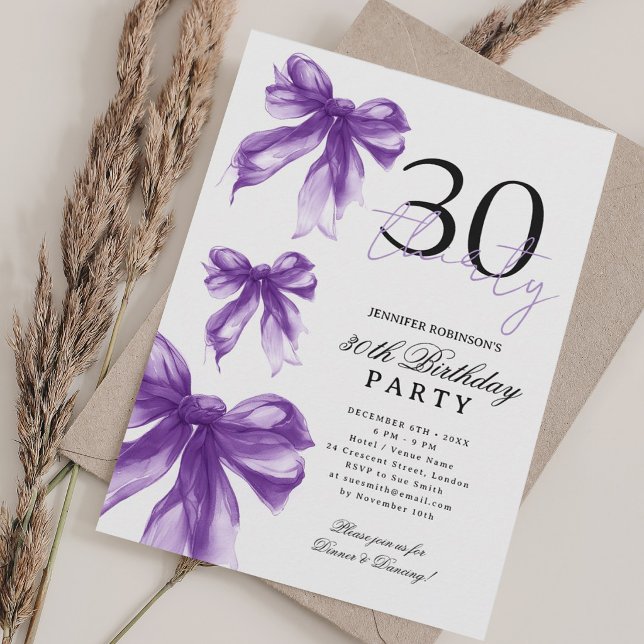 Invitation Fête d'anniversaire Coquette Aquarelle Violette 30 (Purple Watercolor Coquette Bow 30th Birthday Party Invitation)