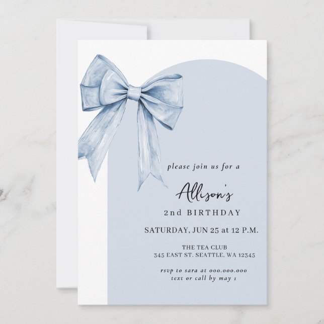 Invitation Fête d'anniversaire Coquette au Ruban Bleu (Devant)