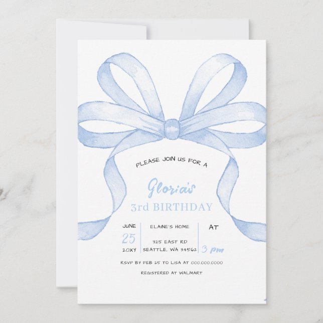 Invitation Fête d'anniversaire Coquette au Ruban Bleu (Devant)
