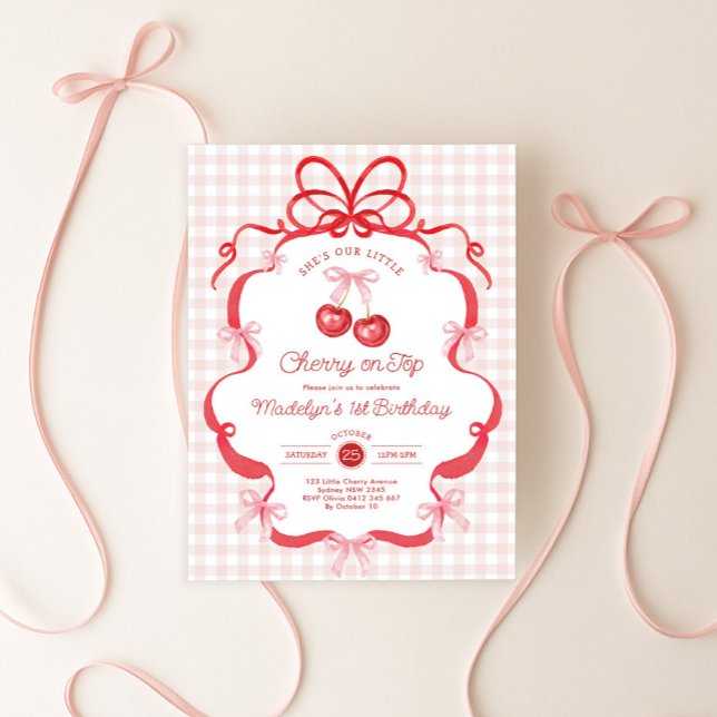 Invitation Fête d'anniversaire Coquette Gingham Cerise 1 an (Créateur téléchargé)