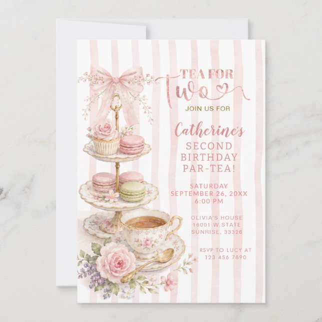 Invitation Fête d'anniversaire Coquette Rose Thé Français (Devant)