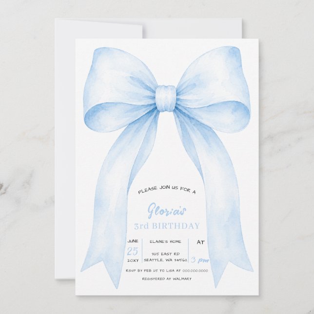 Invitation Fête d'anniversaire Coquette Ruban Bleu (Devant)