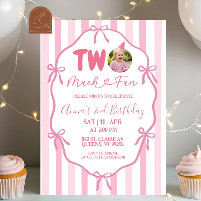 Invitation Fête d'anniversaire Coquette Ruban Rose TWO beauco (Créateur téléchargé)