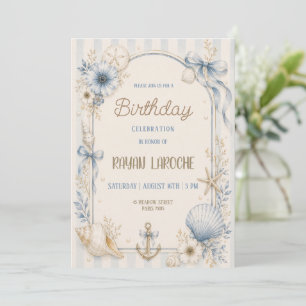 Invitation Fête d'anniversaire Coquillages Bleus Côtiers