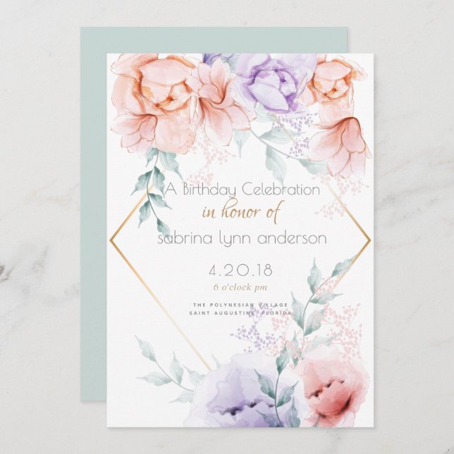 Invitation Fête d'anniversaire | Corail et Lilac Aquarelle Fl (Devant / Derrière)