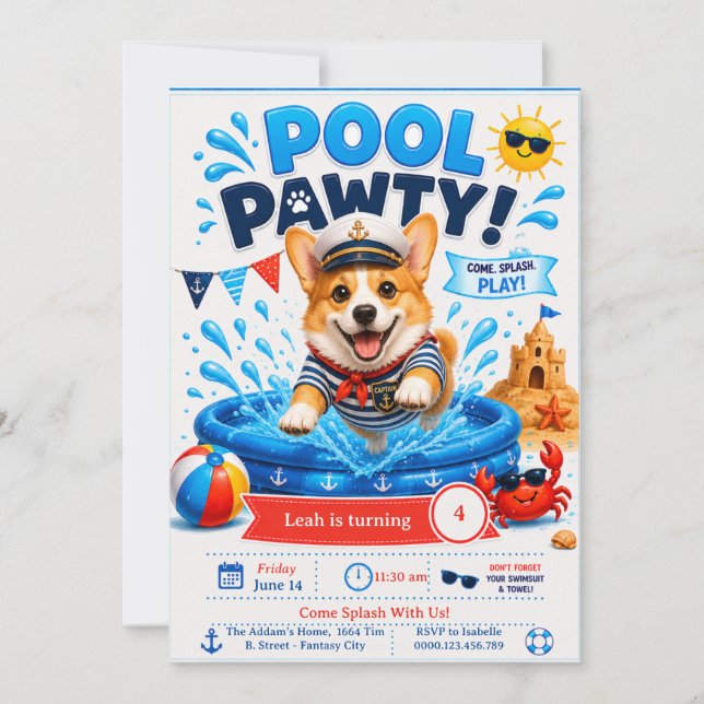 Invitation Fête d'anniversaire Corgi Pool Party - Capitaine N (Devant)