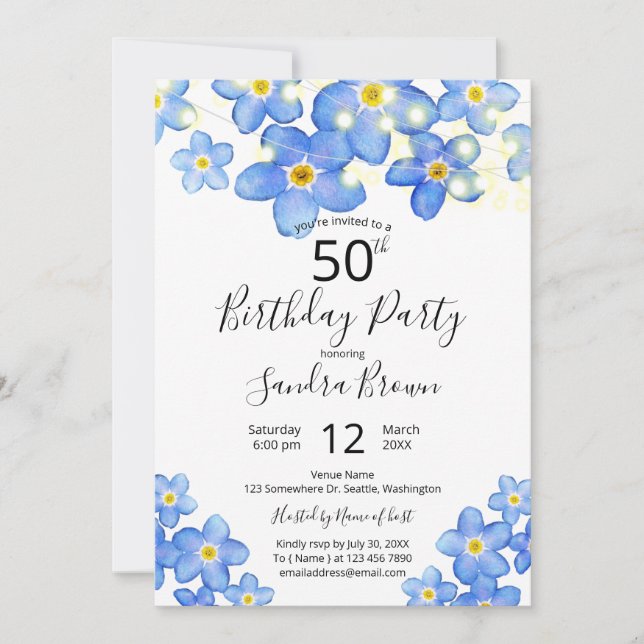Invitation Fête d'anniversaire Country Blue Forget-Me-Nots (Devant)