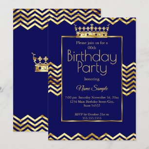 Invitation Fête d'anniversaire Couronne Chevron Bleu Nuit Or