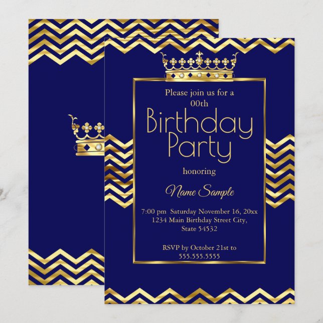 Invitation Fête d'anniversaire Couronne Chevron Bleu Nuit Or (Devant / Derrière)