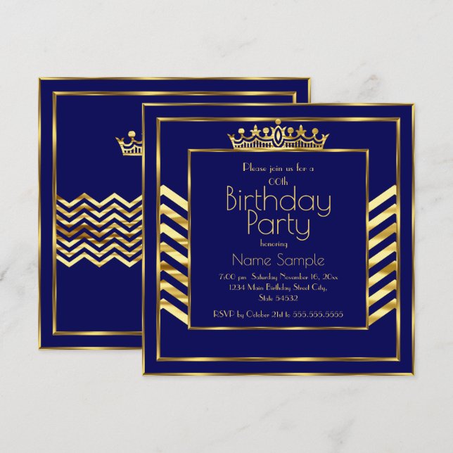 Invitation Fête d'anniversaire Couronne dorée bleue marine Ar (Devant / Derrière)