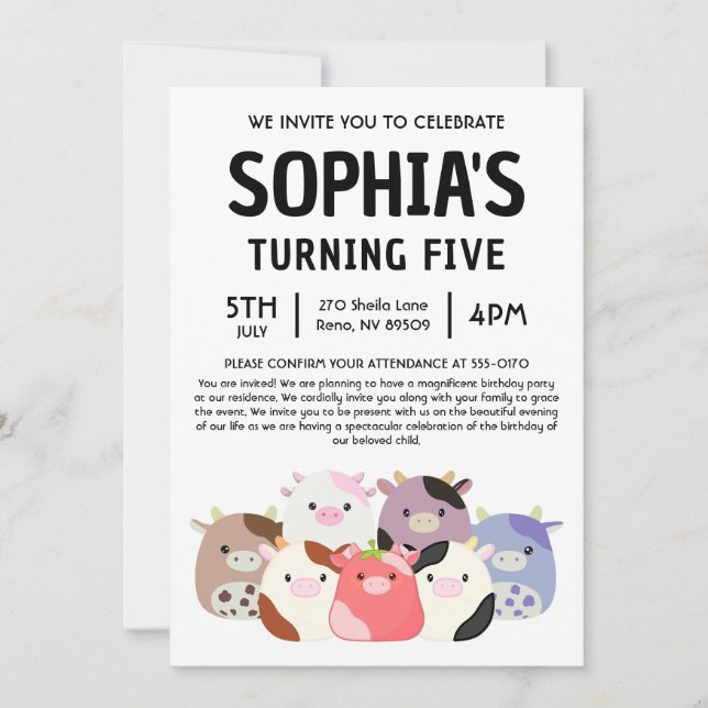 Invitation Fête d'anniversaire Cow Squishmallow (Devant)