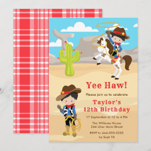 Invitation Fête d'anniversaire Cowboy aux Cheveux Noirs