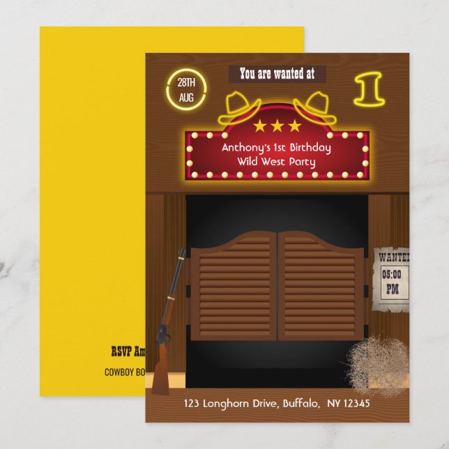 Invitation Fête d'anniversaire Cowboy Far West 1 an (Devant / Derrière)
