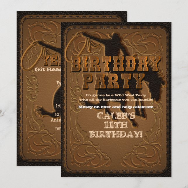 Invitation Fête d'anniversaire Cowboy Western cuir (Devant / Derrière)
