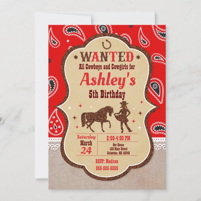 Invitation Fête d'anniversaire Cowgirl Western Wild West (Devant)