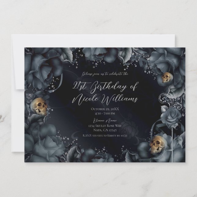 Invitation Fête d'anniversaire crânes roses bleu gris fumé (Devant)