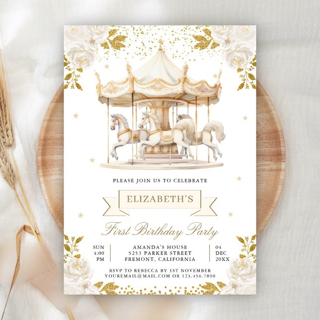 Invitation Fête d'anniversaire Cream Gold Floral Carousel (Créateur téléchargé)