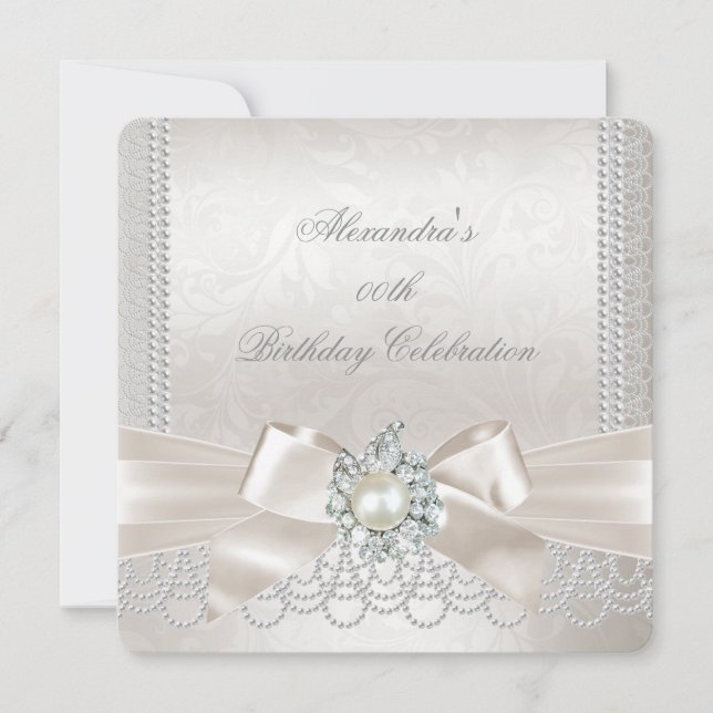 Invitation Fête d'anniversaire Crème Perle Damassé Diamant (Devant)