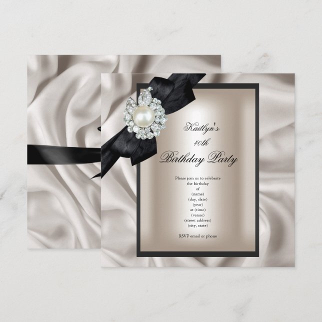 Invitation Fête d'anniversaire Crème Perle noire (Devant / Derrière)
