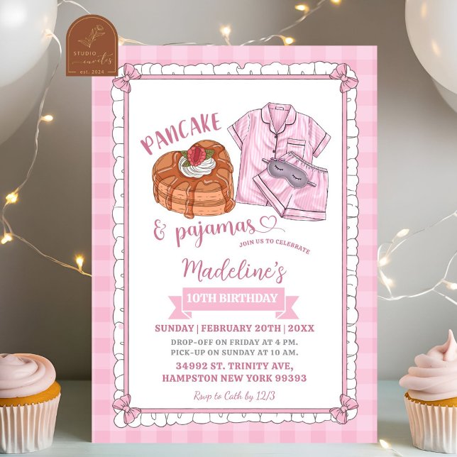 Invitation Fête d'anniversaire Crêpe Rose et Pyjama (Créateur téléchargé)