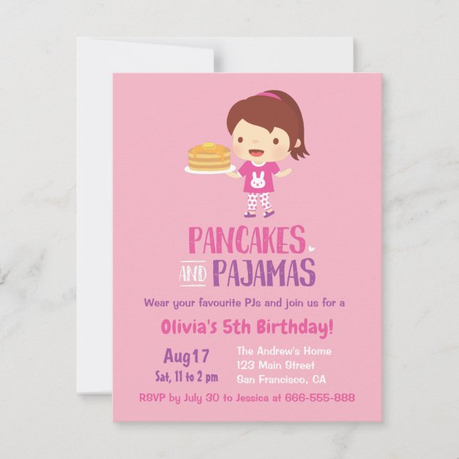 Invitation Fête d'anniversaire Crêpes et Fille en Pyjama (Devant)