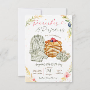 Invitation Fête d'anniversaire Crêpes et Pyjamas Vert Sauge