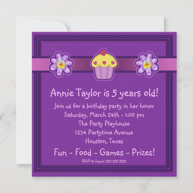 Invitation Fête d'anniversaire Cupcake Violet pour Filles (Devant)