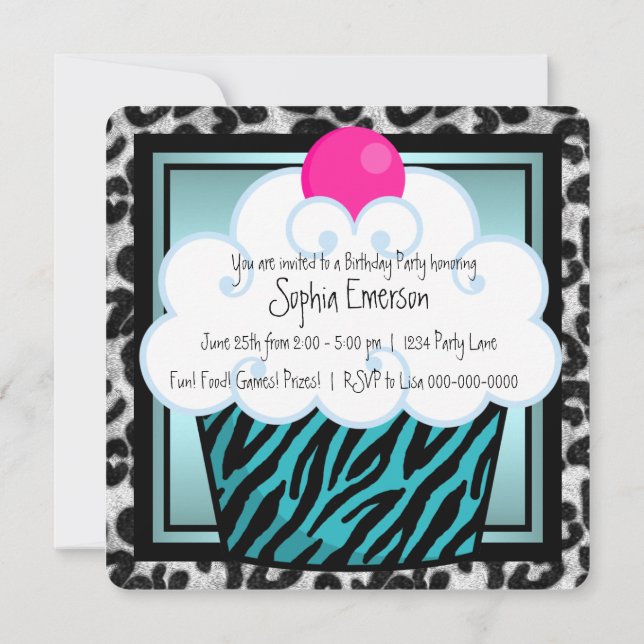 Invitation Fête d'anniversaire Cupcake Zèbre Bleu Turquoise (Dos)