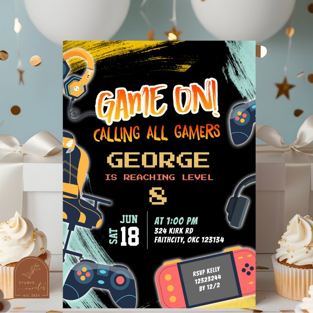 Invitation Fête d'anniversaire d'adolescent néon gamer (Créateur téléchargé)