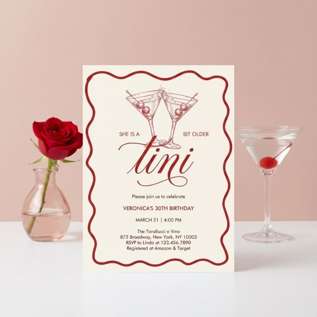 Invitation Fête d'anniversaire d'adulte Un peu plus âgée Red (A Tini Bit Older Martini Birthday Party • Red Cocktail Theme)