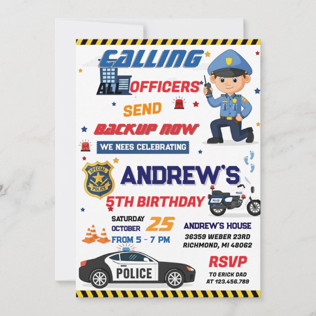 Invitation Fête d'anniversaire d'agent de police moderne pers (Devant)