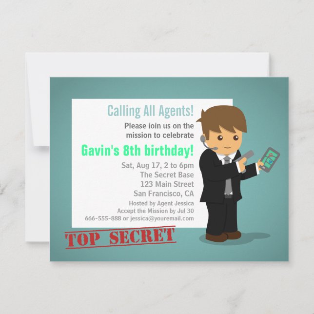 Invitation Fête d'anniversaire d'agent secret Bleu (Devant)