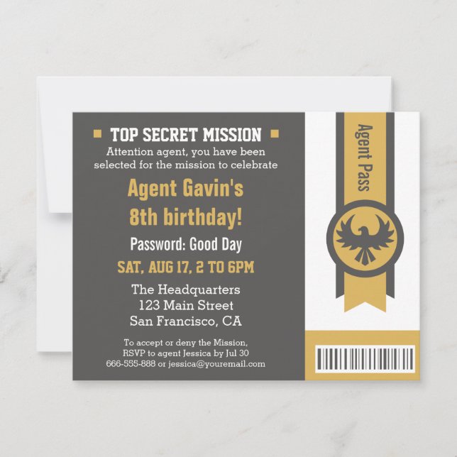 Invitation Fête d'anniversaire d'agent secret cool (Devant)