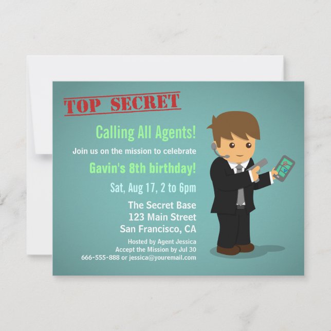 Invitation Fête d'anniversaire d'agent secret garçon (Devant)