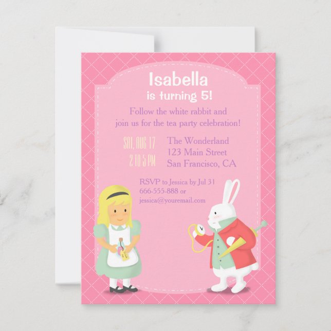 Invitation Fête d'anniversaire d'Alice Lapin Blanc au Pays de (Devant)