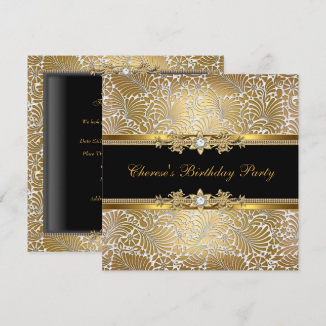Invitation Fête d'anniversaire Damas Or Noir Blanc Diamant (Devant / Derrière)