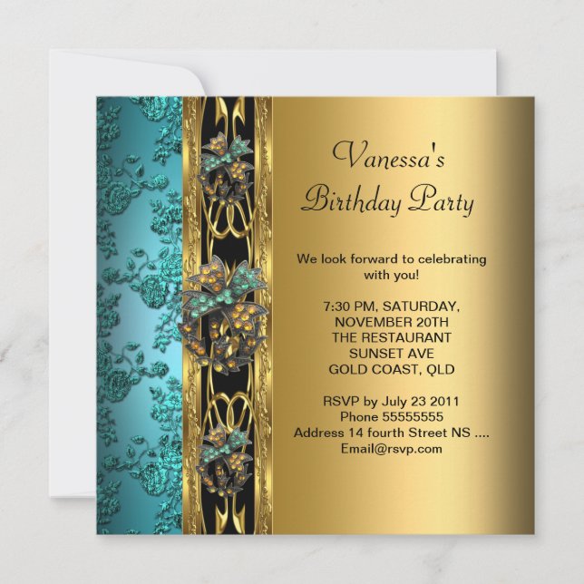 Invitation Fête d'anniversaire Damas sarcelle bleu or 2 (Devant)