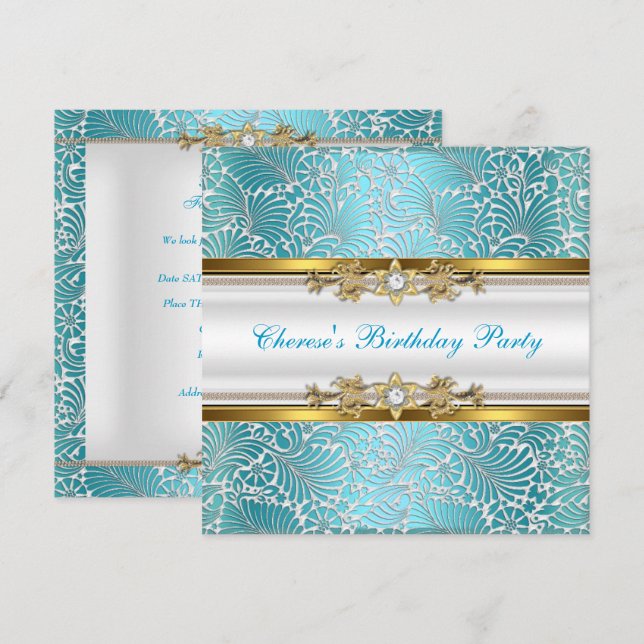 Invitation Fête d'anniversaire Damas sarcelle bleu or blanc d (Devant / Derrière)